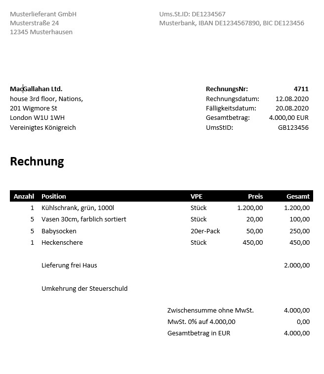 Rechnung Eu Ausland Drittland Usa Muster Pflichtangaben